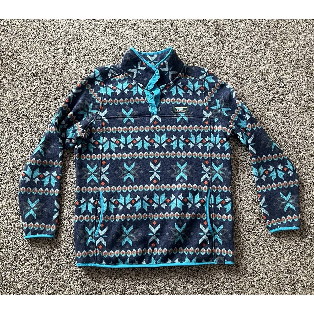 LL Bean Sweater Womens Large Blue Aztec T 1/4 Snap Pullover Outdoor Fleece